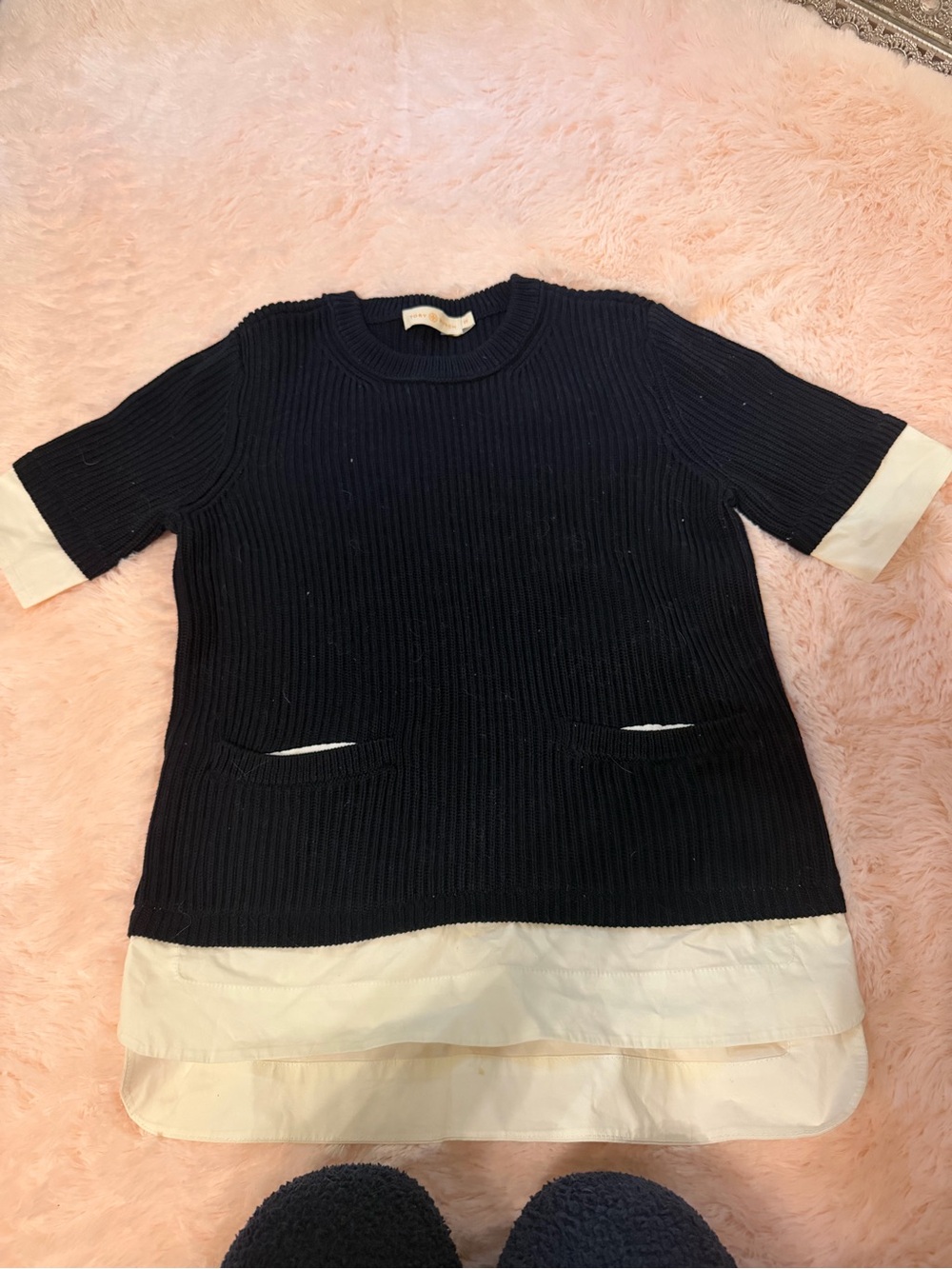 🌟Tory Burch Navy Short-Sleeve Ribbed Knit Top with Ivory Trim